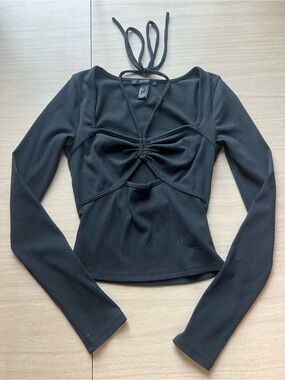 Forever 21 Black Ribbed Long-Sleeve Ruched Front Top Size Small